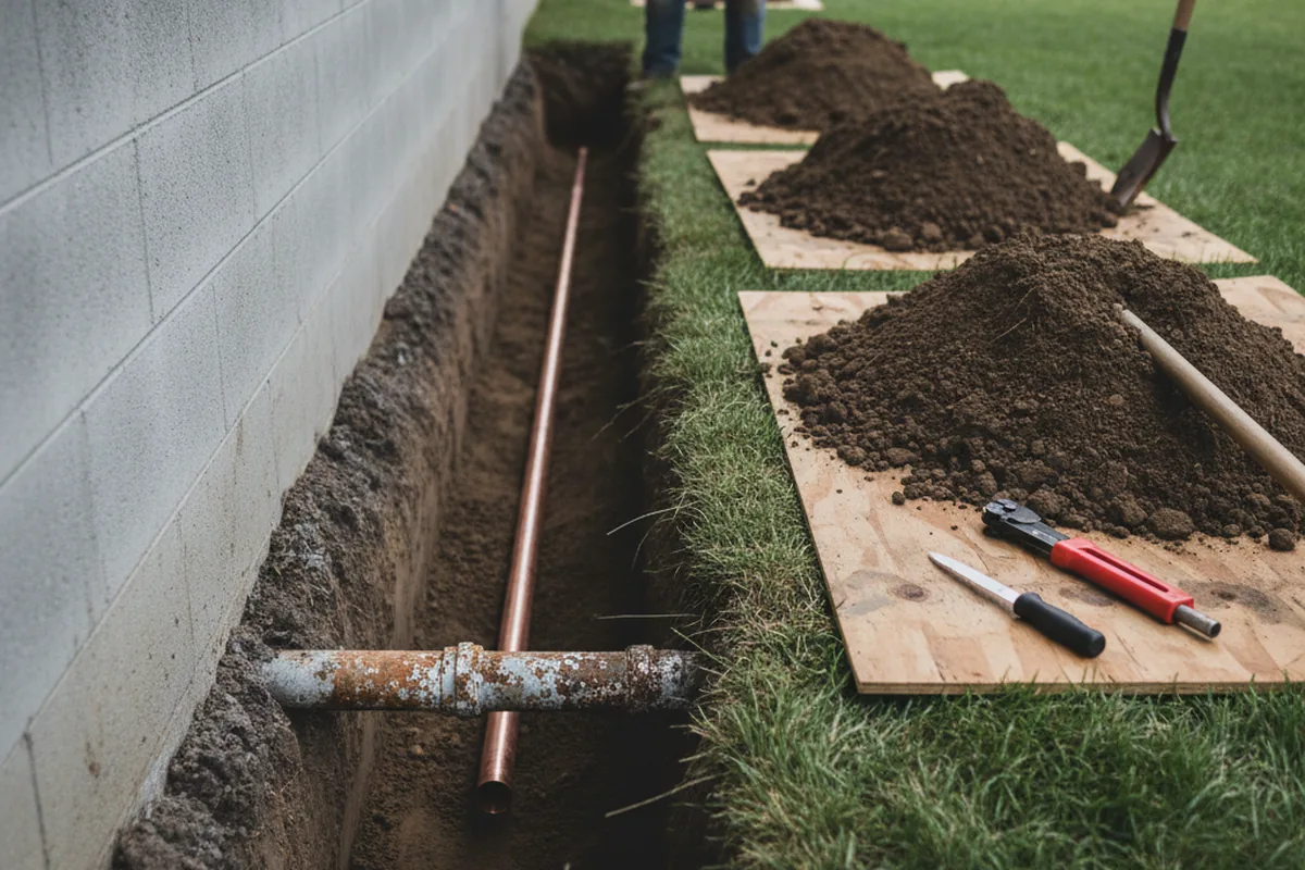 Excavated water line trench during Water Softener Installation in Culleoka
